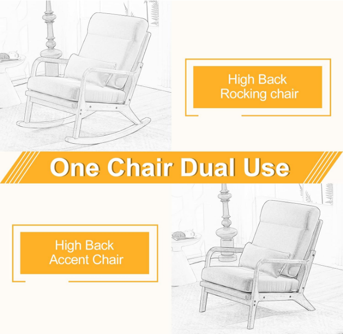 Nursery Rocking Chair Removable Glider Rocker High Backrest Rocking Armchair Mid-Century Accent Chair with Lumber Pillow for Bedroom, Living Room, Nursery, Creamy-White