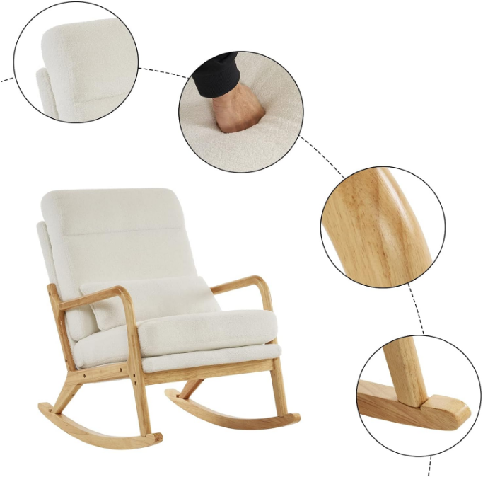 Nursery Rocking Chair Removable Glider Rocker High Backrest Rocking Armchair Mid-Century Accent Chair with Lumber Pillow for Bedroom, Living Room, Nursery, Creamy-White