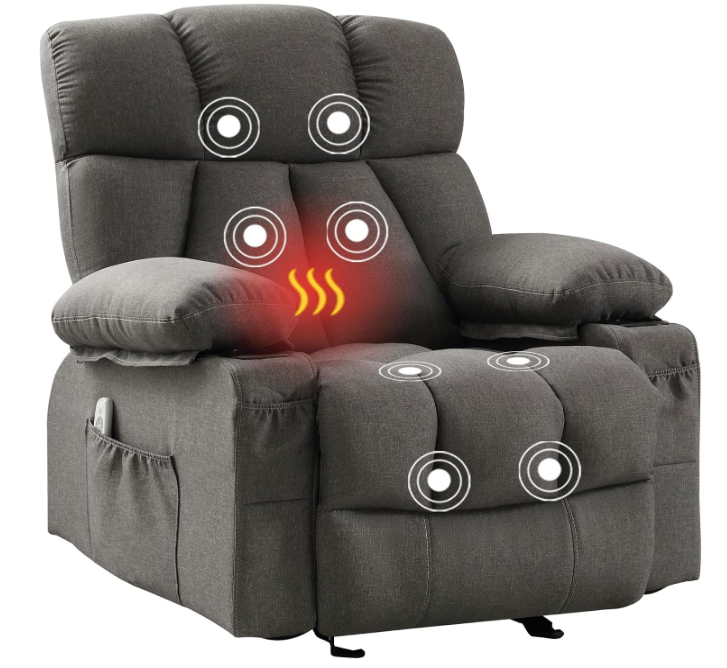Massage Rocker Recliner Chair with Heat and Vibration Ergonomic Rocking Lounge Chair for Living Room Comfy Overstuffed Recliner with 4 Side Pockets,2 Cup Holders, USB Charge Port, Grey