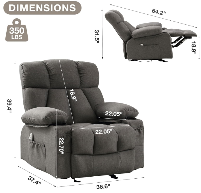 Massage Rocker Recliner Chair with Heat and Vibration Ergonomic Rocking Lounge Chair for Living Room Comfy Overstuffed Recliner with 4 Side Pockets,2 Cup Holders, USB Charge Port, Grey