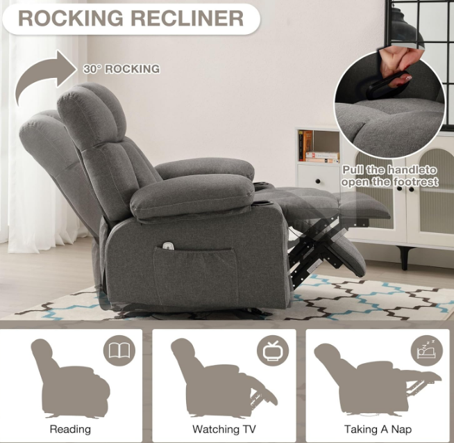 Massage Rocker Recliner Chair with Heat and Vibration Ergonomic Rocking Lounge Chair for Living Room Comfy Overstuffed Recliner with 4 Side Pockets,2 Cup Holders, USB Charge Port, Grey