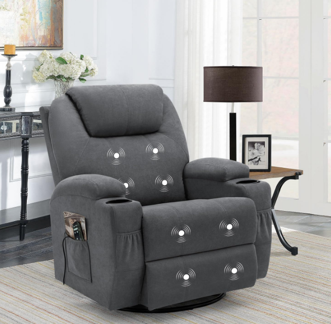 Rocking Chair Recliner Chair with Massage Swivel Ergonomic Lounge Chair Classic Single Sofa with 2 Cup Holders Side Pockets Living Room Chair Home Theater Seat (Gray)