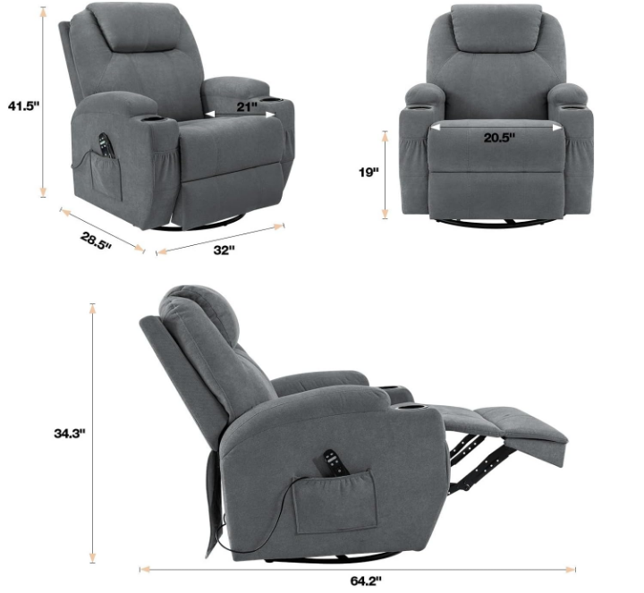 Rocking Chair Recliner Chair with Massage Swivel Ergonomic Lounge Chair Classic Single Sofa with 2 Cup Holders Side Pockets Living Room Chair Home Theater Seat (Gray)