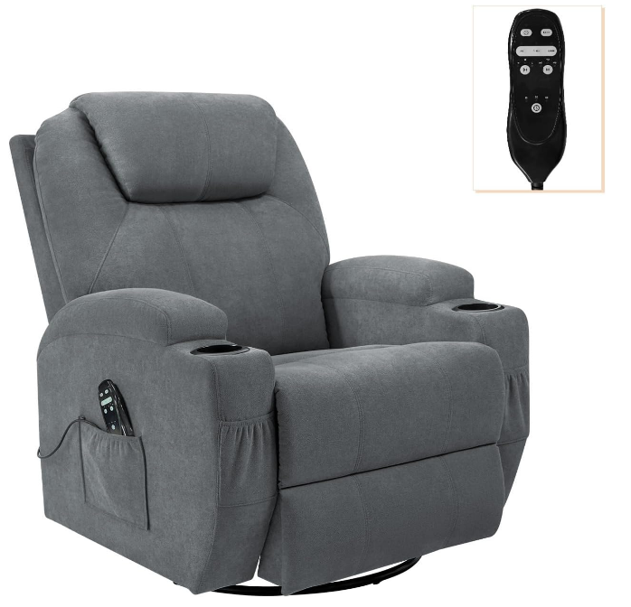 Rocking Chair Recliner Chair with Massage Swivel Ergonomic Lounge Chair Classic Single Sofa with 2 Cup Holders Side Pockets Living Room Chair Home Theater Seat (Gray)