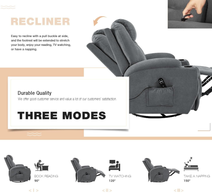 Rocking Chair Recliner Chair with Massage Swivel Ergonomic Lounge Chair Classic Single Sofa with 2 Cup Holders Side Pockets Living Room Chair Home Theater Seat (Gray)