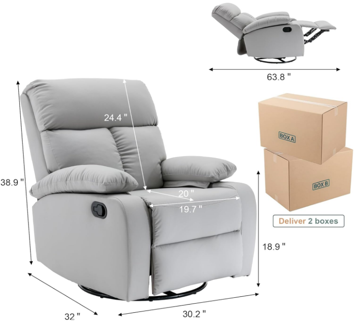 Swivel Rocker Recliner, Rocking Recliner Chair, Small Rocker Recliners for Small Spaces, Living Room, Bedroom, Nursery, RV, Light Grey