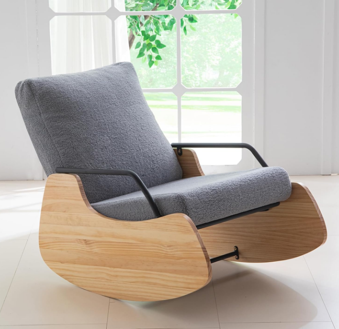 Indoor & Outdoor Patio Rocking Chair, Outdoor Glider Recliner Chair, Wooden Boucle Rocking Chair, Outdoor Rocker Chair, Adjustable Backrest, for Outdoor Living Room Bedroom Office Garden Grey