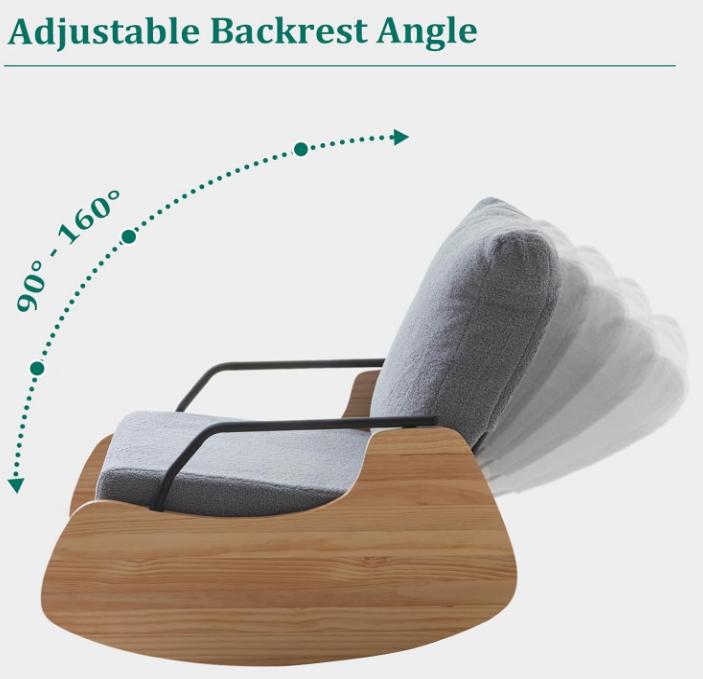 Indoor & Outdoor Patio Rocking Chair, Outdoor Glider Recliner Chair, Wooden Boucle Rocking Chair, Outdoor Rocker Chair, Adjustable Backrest, for Outdoor Living Room Bedroom Office Garden Grey