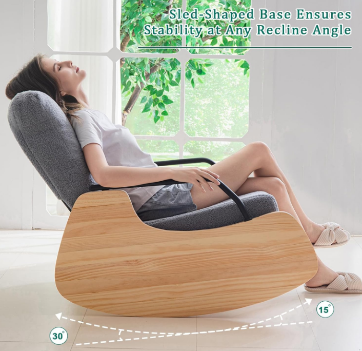 Indoor & Outdoor Patio Rocking Chair, Outdoor Glider Recliner Chair, Wooden Boucle Rocking Chair, Outdoor Rocker Chair, Adjustable Backrest, for Outdoor Living Room Bedroom Office Garden Grey