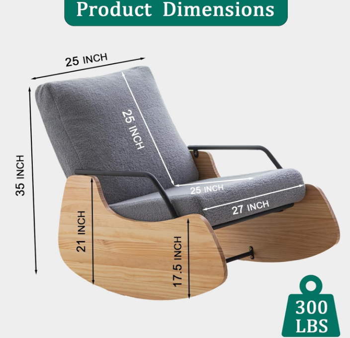 Indoor & Outdoor Patio Rocking Chair, Outdoor Glider Recliner Chair, Wooden Boucle Rocking Chair, Outdoor Rocker Chair, Adjustable Backrest, for Outdoor Living Room Bedroom Office Garden Grey