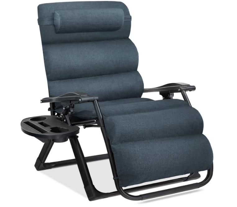 Oversized Zero Gravity Chair, Folding Outdoor Patio Recliner, XL Anti Gravity Lounger w/Removable Cushion, Cup Holder, Side Tray, 350lb Capacity - Graphite Blue