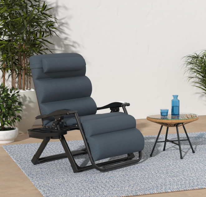 Oversized Zero Gravity Chair, Folding Outdoor Patio Recliner, XL Anti Gravity Lounger w/Removable Cushion, Cup Holder, Side Tray, 350lb Capacity - Graphite Blue