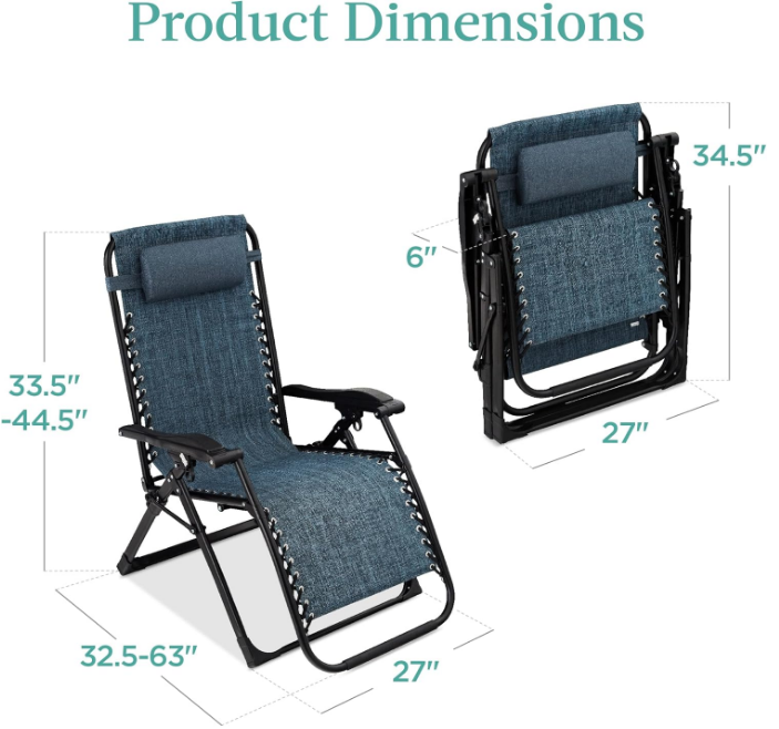 Oversized Zero Gravity Chair, Folding Outdoor Patio Recliner, XL Anti Gravity Lounger w/Removable Cushion, Cup Holder, Side Tray, 350lb Capacity - Graphite Blue