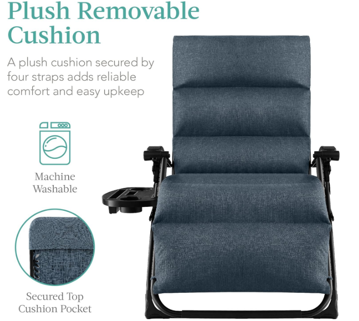 Oversized Zero Gravity Chair, Folding Outdoor Patio Recliner, XL Anti Gravity Lounger w/Removable Cushion, Cup Holder, Side Tray, 350lb Capacity - Graphite Blue