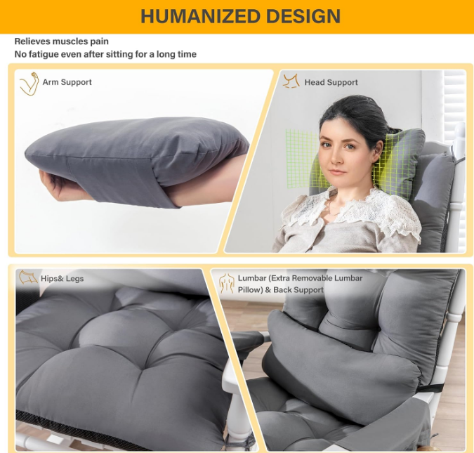 Rocking Chair Cushion Indoor with Storage Glider Rocker Replacement Cushions with 2-in-1 Headrest and Lumbar Pillow for Nursery and Napping
