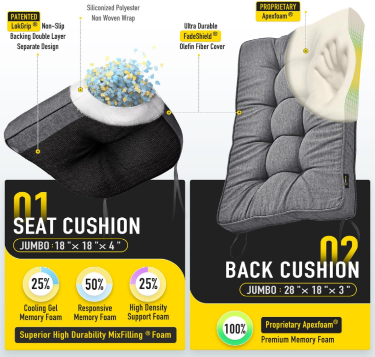Memory Foam Jumbo Rocking Chair Cushions, FadeShield Water Resistant Non Slip Durable Tufted Pads, Set of Seat & Back Cushion with Ties for Indoor/Outdoor Rocker, 2 Piece, Heather Charcoal