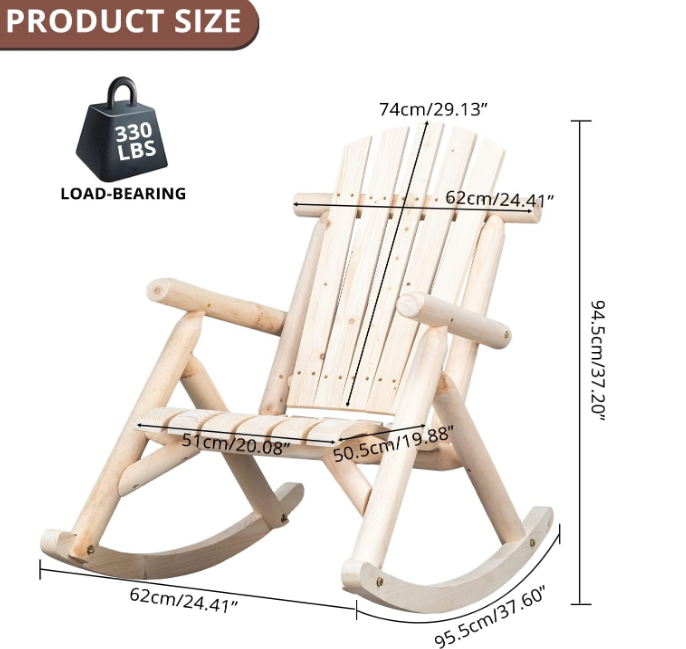 Wooden Rocking Chair, Fir Log Adirondack Rocker, Outdoor Wood Accent Furniture Lounge Chairs for Garden Patio Backyard Porch (Natural Finish)