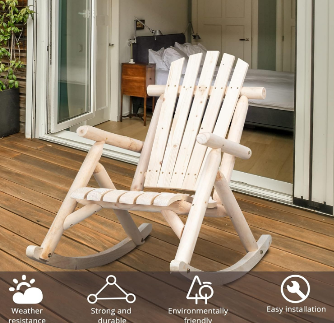 Wooden Rocking Chair, Fir Log Adirondack Rocker, Outdoor Wood Accent Furniture Lounge Chairs for Garden Patio Backyard Porch (Natural Finish)