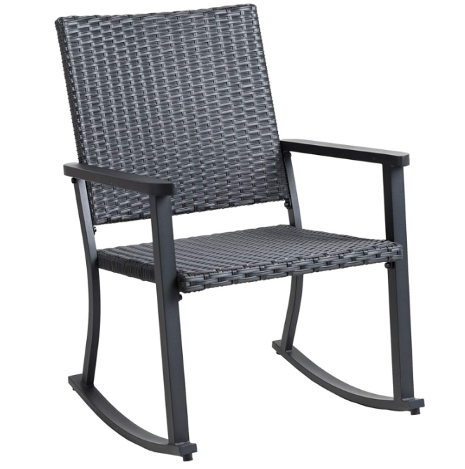 Outdoor Rocking Chair for Outside Patio Porch, Metal Frame, Black All Weather Wicker