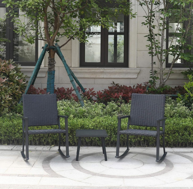 Outdoor Rocking Chair for Outside Patio Porch, Metal Frame, Black All Weather Wicker