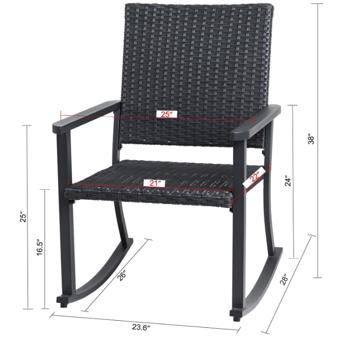 Outdoor Rocking Chair for Outside Patio Porch, Metal Frame, Black All Weather Wicker