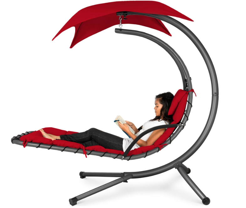 Outdoor Hanging Curved Steel Chaise Lounge Chair Swing w/Built-in Pillow and Removable Canopy -Red