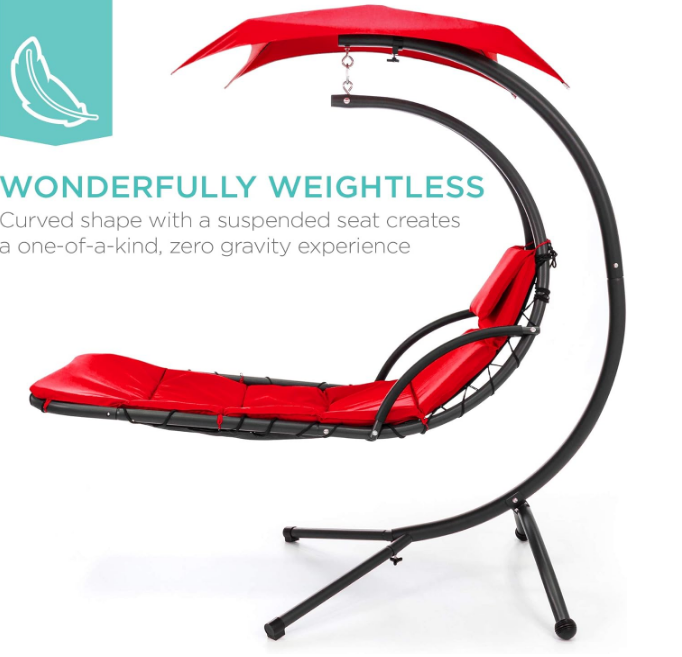 Outdoor Hanging Curved Steel Chaise Lounge Chair Swing w/Built-in Pillow and Removable Canopy -Red