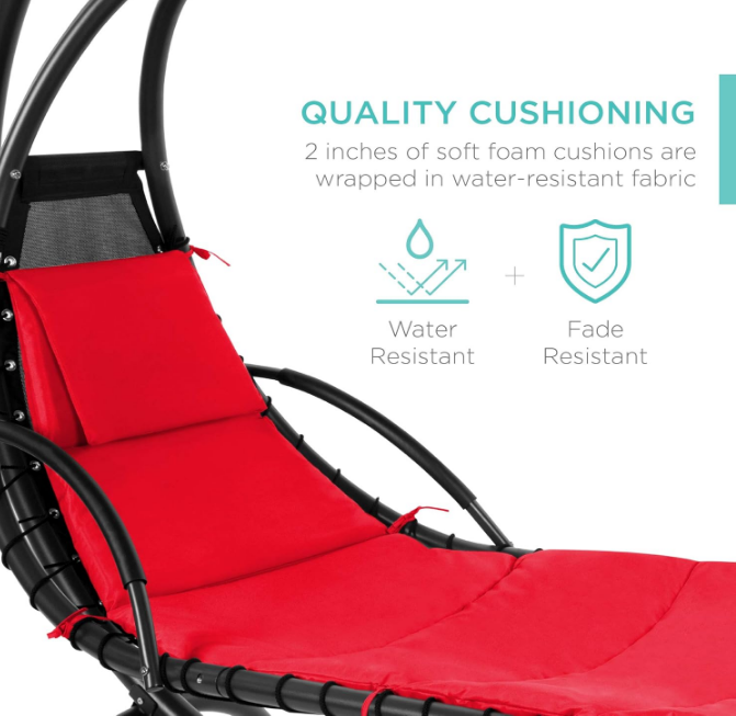 Outdoor Hanging Curved Steel Chaise Lounge Chair Swing w/Built-in Pillow and Removable Canopy -Red