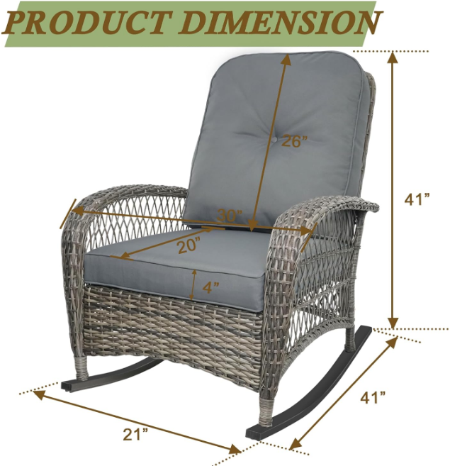 Outdoor Wicker Rocking Chair, All Weather Resin Rattan Wicker Rocking Chairs, for Garden Backyard Lown Porch,1pc,Grey