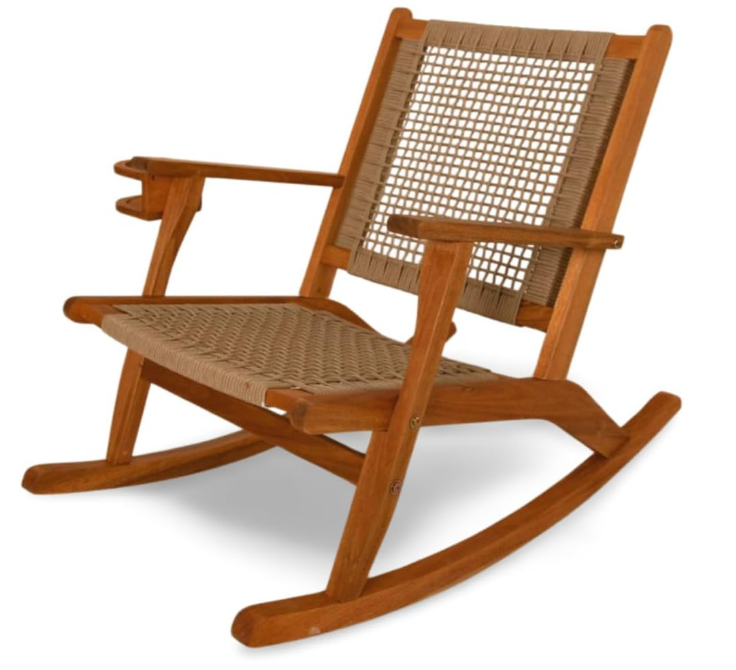 Vega Outdoor Rocking Chair with Beverage Holder - Natural Finish Wooden Chair, Patio, Poolside, Backyard, Garden - Indoor & Outdoor Use - Robust Wood Construction