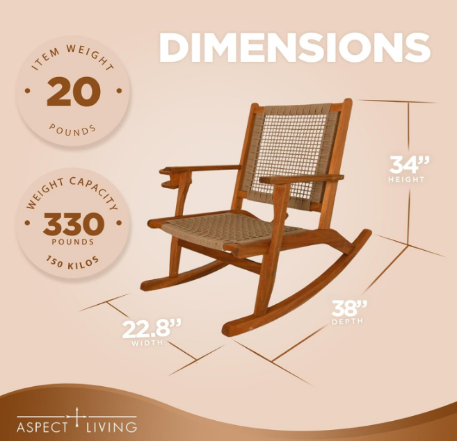 Vega Outdoor Rocking Chair with Beverage Holder - Natural Finish Wooden Chair, Patio, Poolside, Backyard, Garden - Indoor & Outdoor Use - Robust Wood Construction