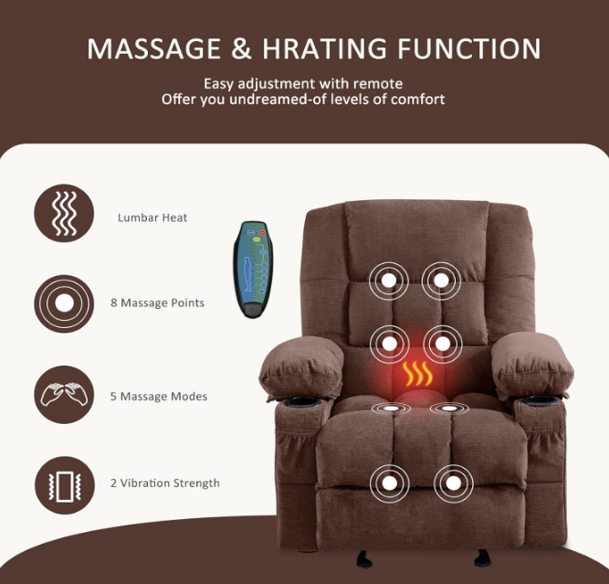 Massage Rocker Recliner Chair with Vibration Massage and Heat Ergonomic Lounge Chair for Living Room with Rocking Function and Side Pocket, 2 Cup Holders, USB Charge Port
