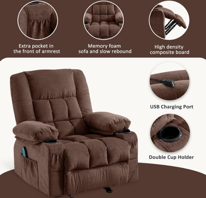 Massage Rocker Recliner Chair with Vibration Massage and Heat Ergonomic Lounge Chair for Living Room with Rocking Function and Side Pocket, 2 Cup Holders, USB Charge Port