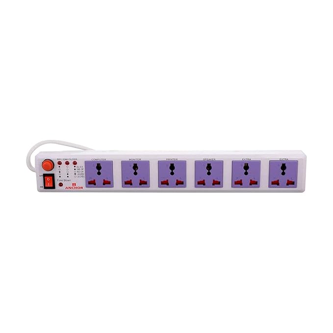 Anchor by Panasonic 6 way Universal Socket with Single Switch | 6 Way Extension Board with 1.5 Mtr Extension Cord (22579)