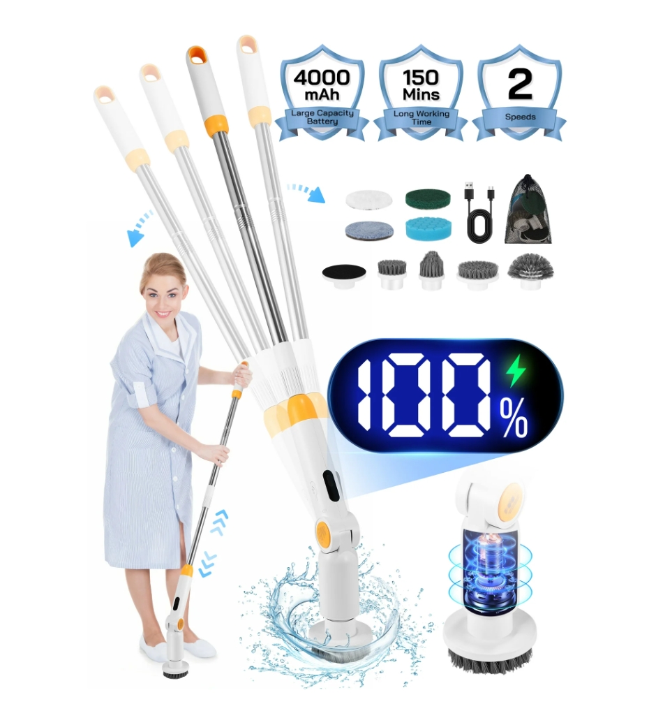 Electric Spin Scrubber Cordless Cleaning Brush IPX7 Waterproof with 8 Replaceable Brush Heads, 2.5H Power Dual Speed, for Bathroom Tub Tile Floor Trolley, Orange