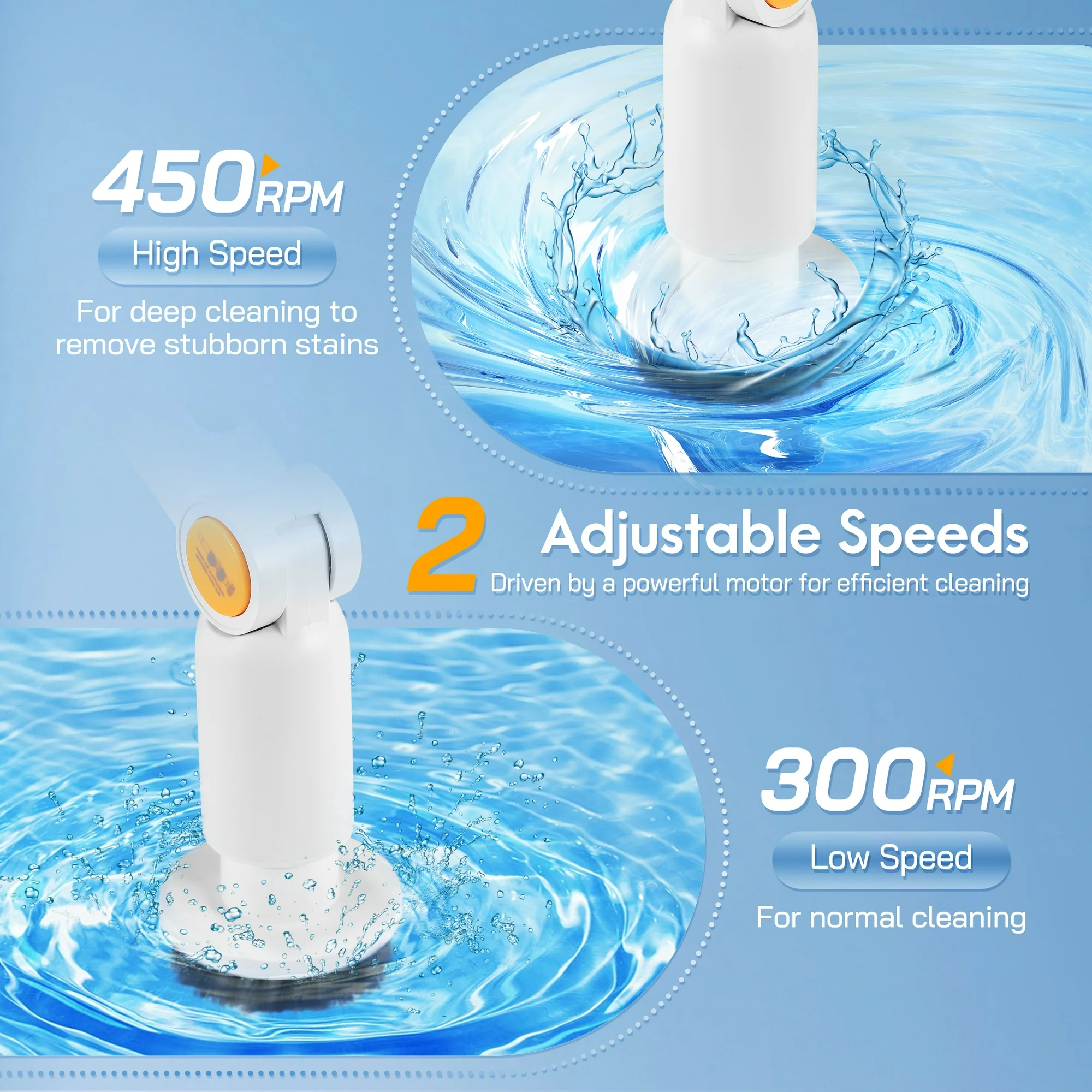 Electric Spin Scrubber Cordless Cleaning Brush IPX7 Waterproof with 8 Replaceable Brush Heads, 2.5H Power Dual Speed, for Bathroom Tub Tile Floor Trolley, Orange