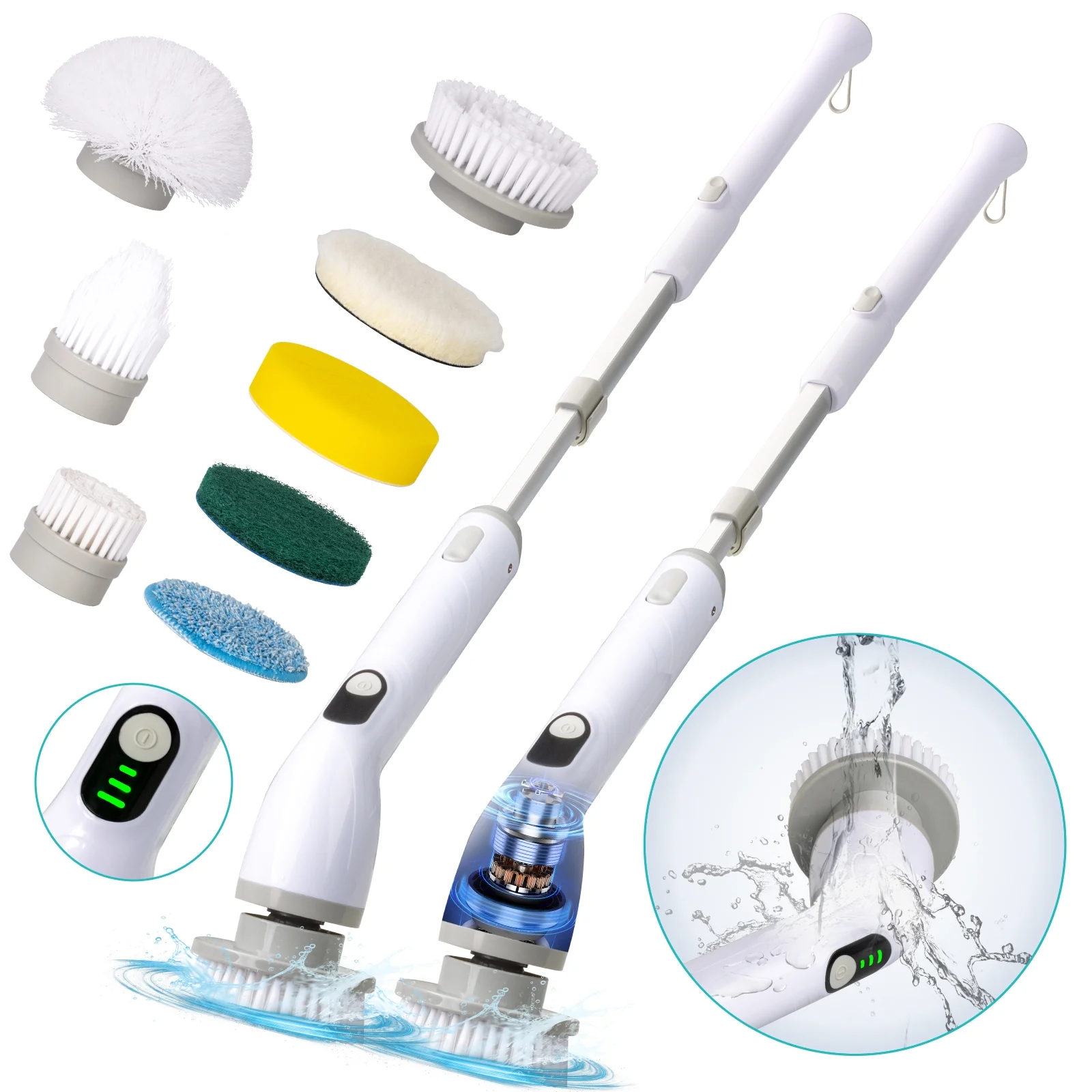 Electric Spin Scrubber, Electric Spin Cordless Tub and Tile Scrubber with Adjustable Extension Arm, 2 Speed 8 Replaceable Cleaning Heads, Power Spin Scrubbers for Cleaning Bathroom, Floor, Car
