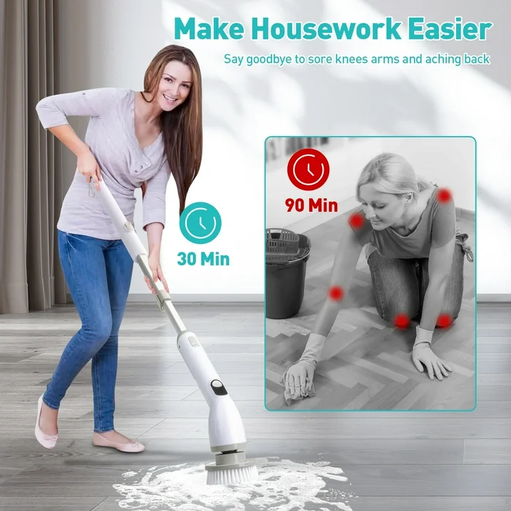Electric Spin Scrubber, Electric Spin Cordless Tub and Tile Scrubber with Adjustable Extension Arm, 2 Speed 8 Replaceable Cleaning Heads, Power Spin Scrubbers for Cleaning Bathroom, Floor, Car