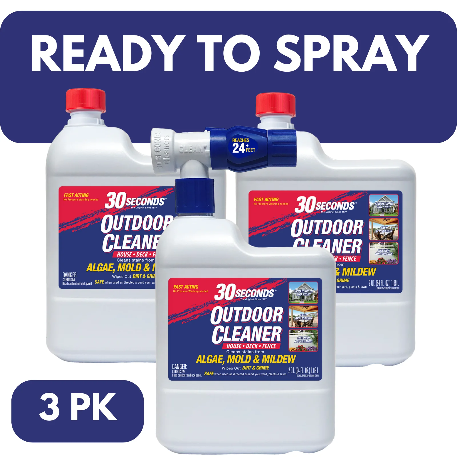 30 SECONDS Outdoor Cleaner - Rapid Results, Cleans Stains From Algae, Mold & Mildew, Dirt and Grime From Fences, Siding, Concrete, Deck - 64 oz. Hose End Spray Bottle - 3 Pack