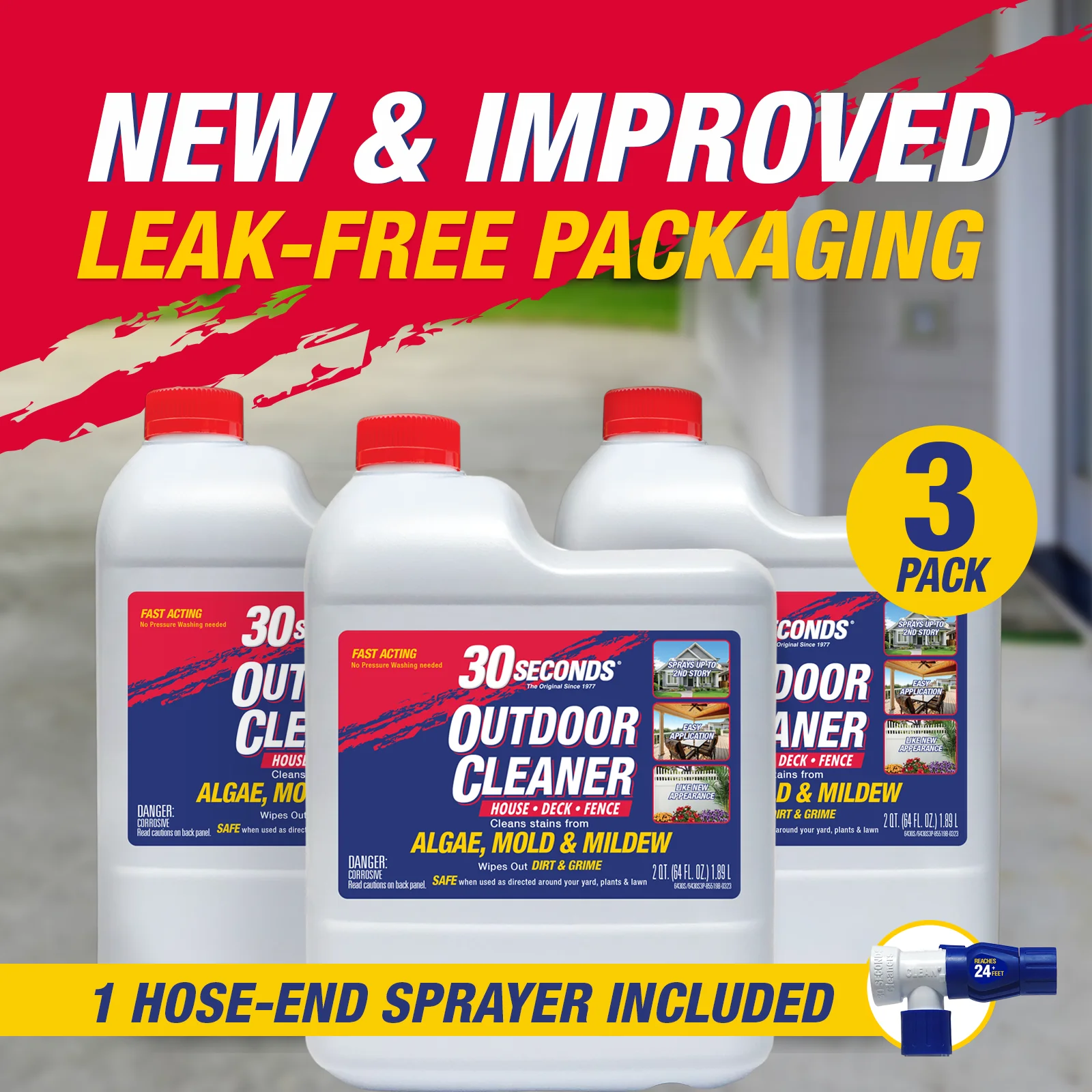 30 SECONDS Outdoor Cleaner - Rapid Results, Cleans Stains From Algae, Mold & Mildew, Dirt and Grime From Fences, Siding, Concrete, Deck - 64 oz. Hose End Spray Bottle - 3 Pack