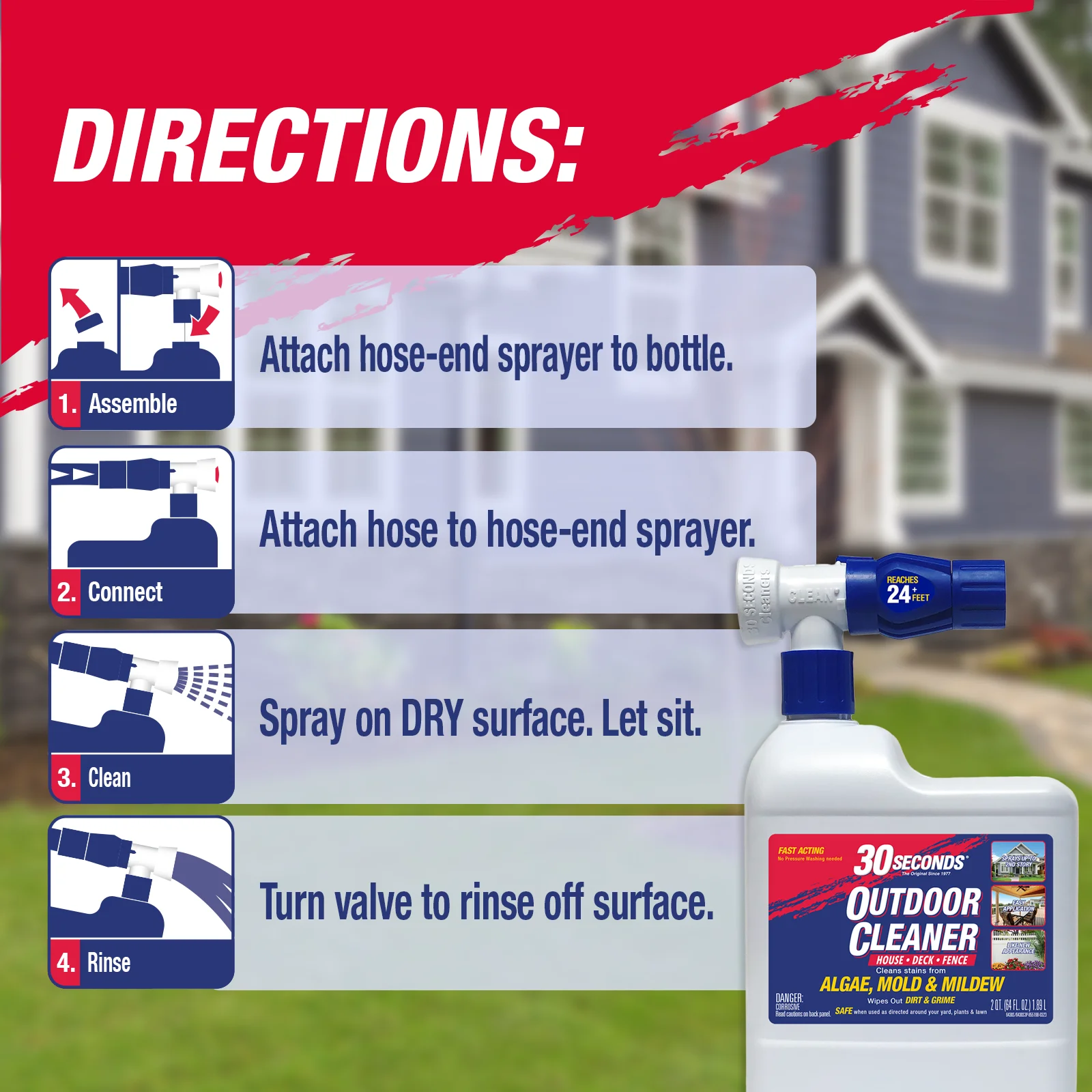 30 SECONDS Outdoor Cleaner - Rapid Results, Cleans Stains From Algae, Mold & Mildew, Dirt and Grime From Fences, Siding, Concrete, Deck - 64 oz. Hose End Spray Bottle - 3 Pack