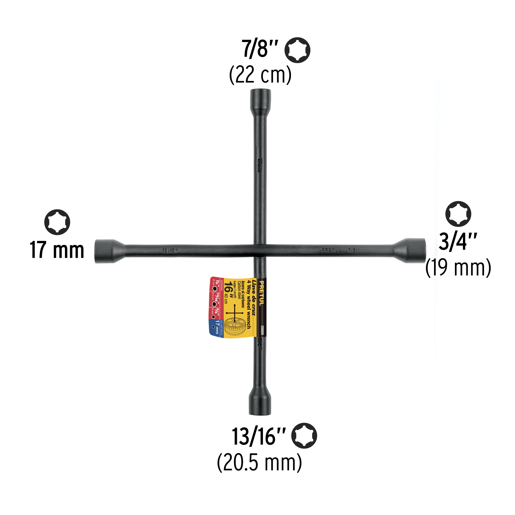 Llave de cruz 16", acabado negro mate, PRETUL