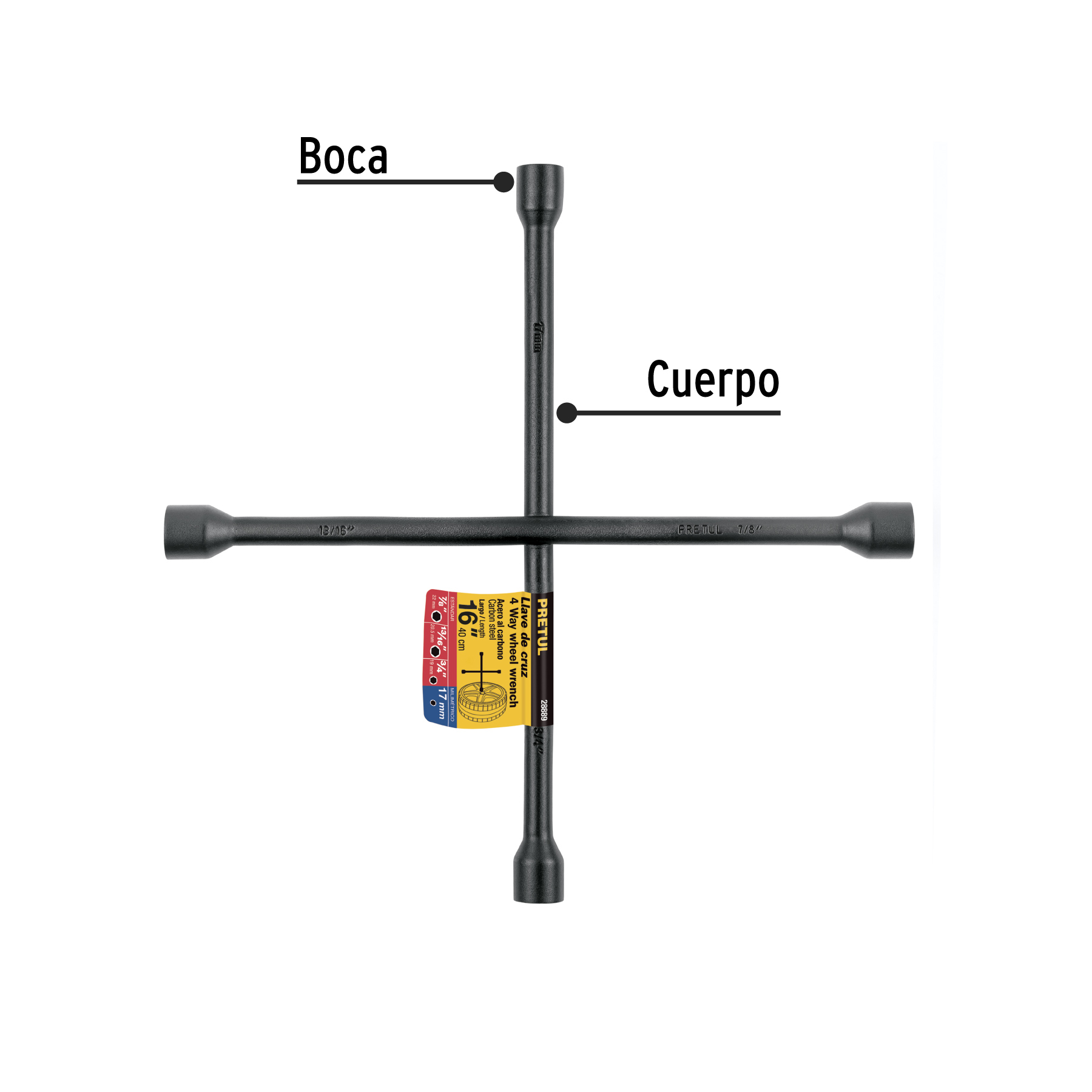 Llave de cruz 16", acabado negro mate, PRETUL