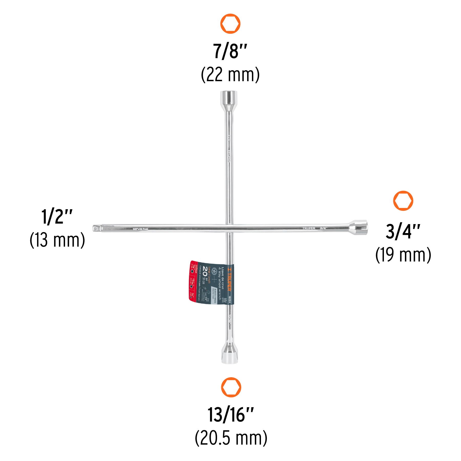 Llave de cruz 20" pulida y cromada con entrada cuadro 1/2"