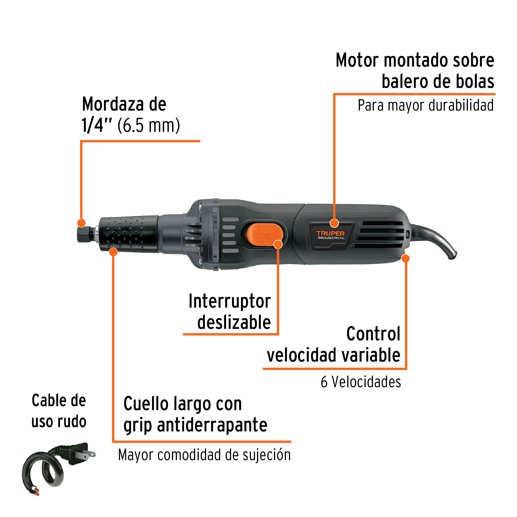 Esmeril recto (rectificador) 1/4" 600W, TRUPER INDUSTRIAL