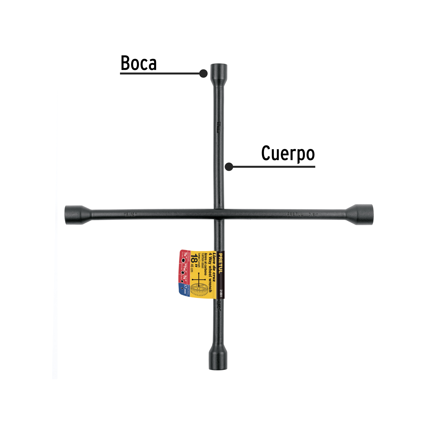 Llave de cruz 18", acabado negro mate, PRETUL