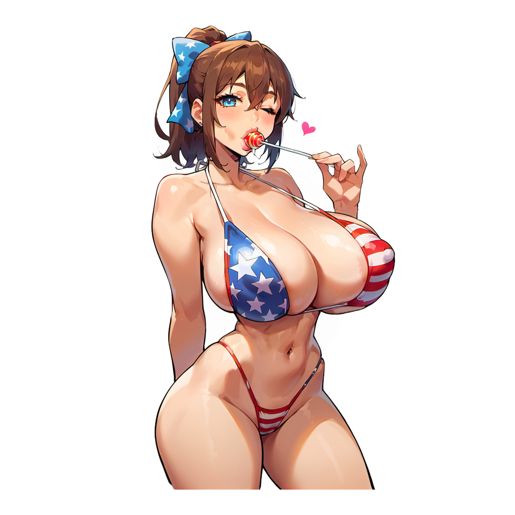 Aimi - American flag bikini, licking lollipop with a cute blue hair bow.
