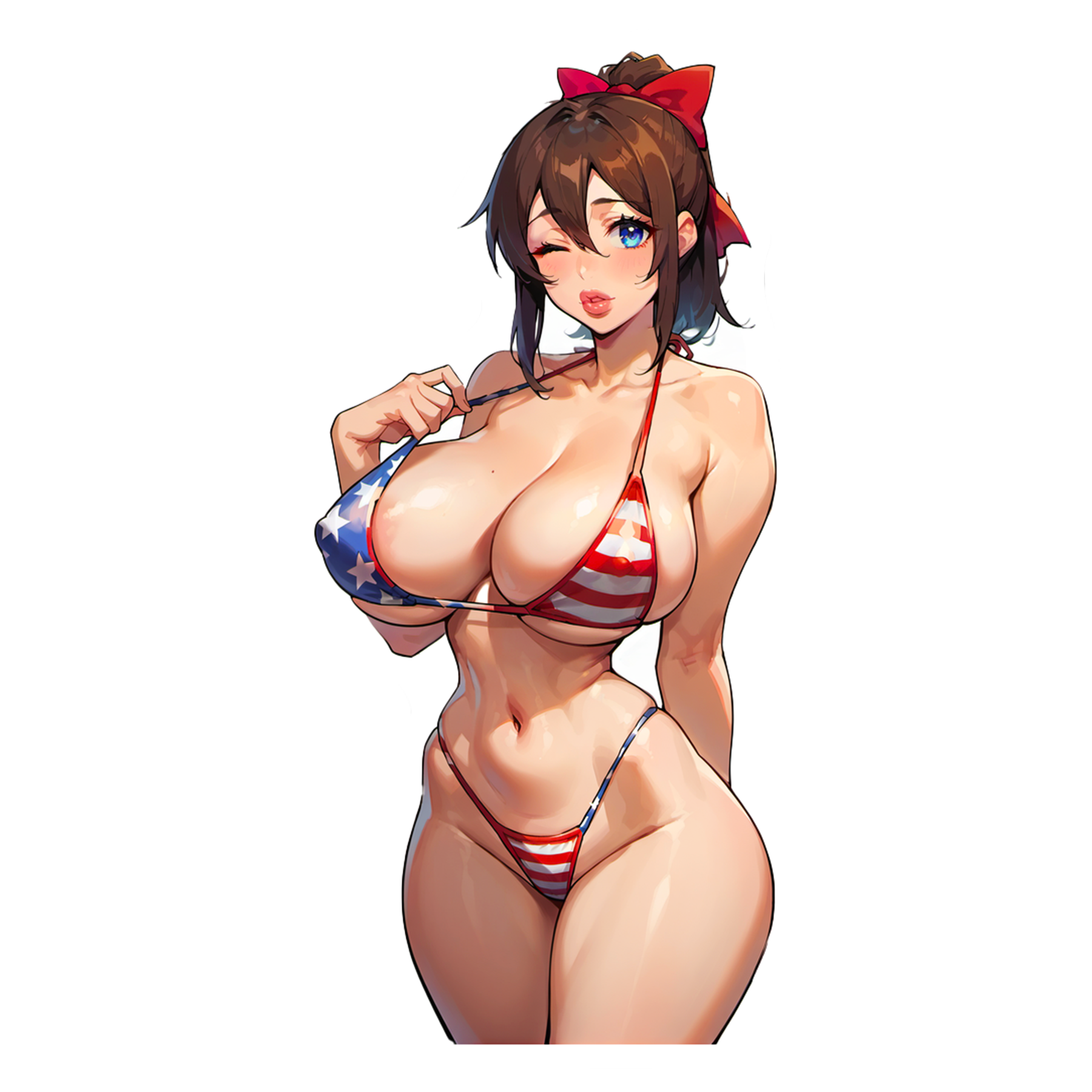 Fumiko - American flag bikini, cute red hair bow blowing a kiss! Celebrate Independence Day with the twins! Happy 4th!