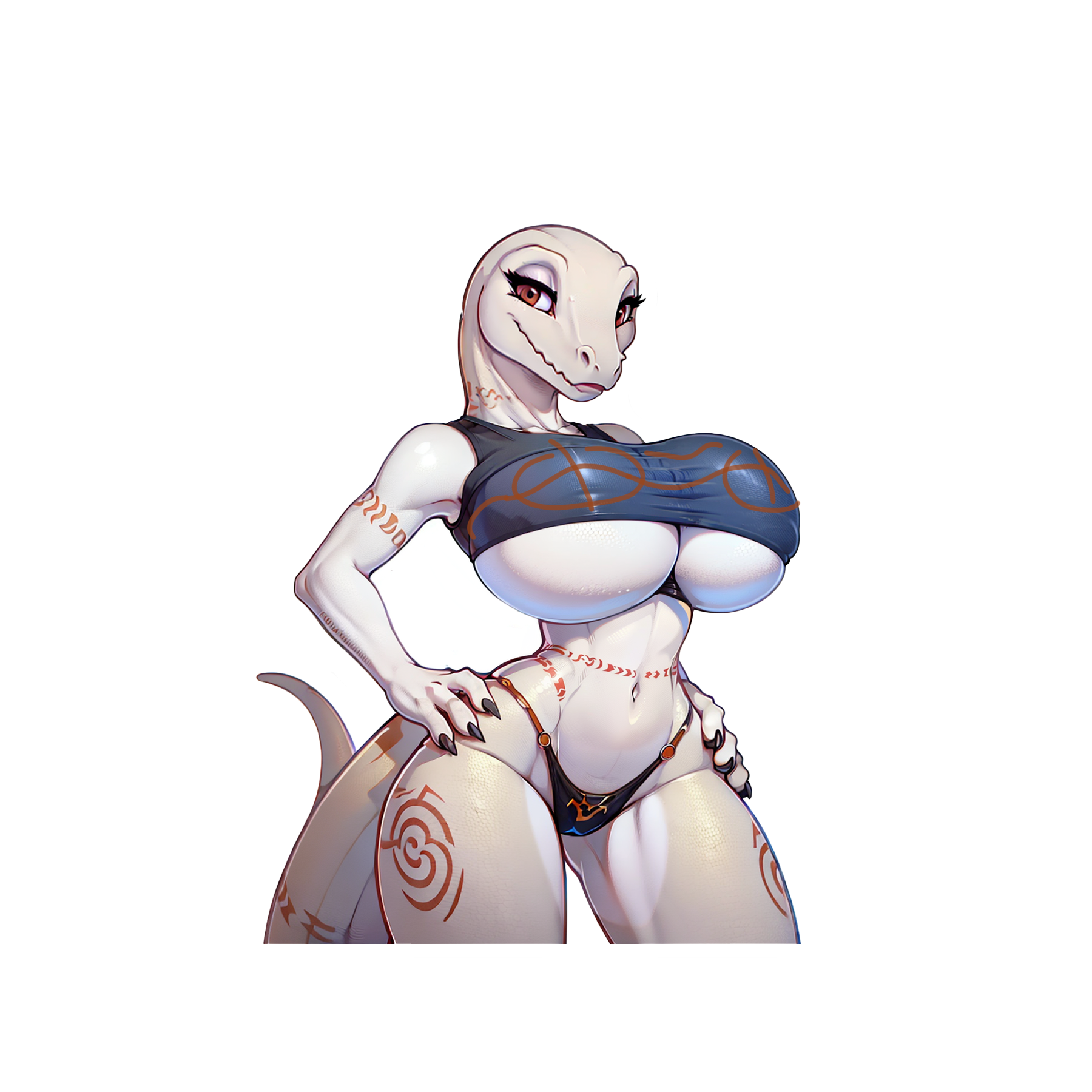 Crusch, black thong and blue crop top, beautiful lizard girl