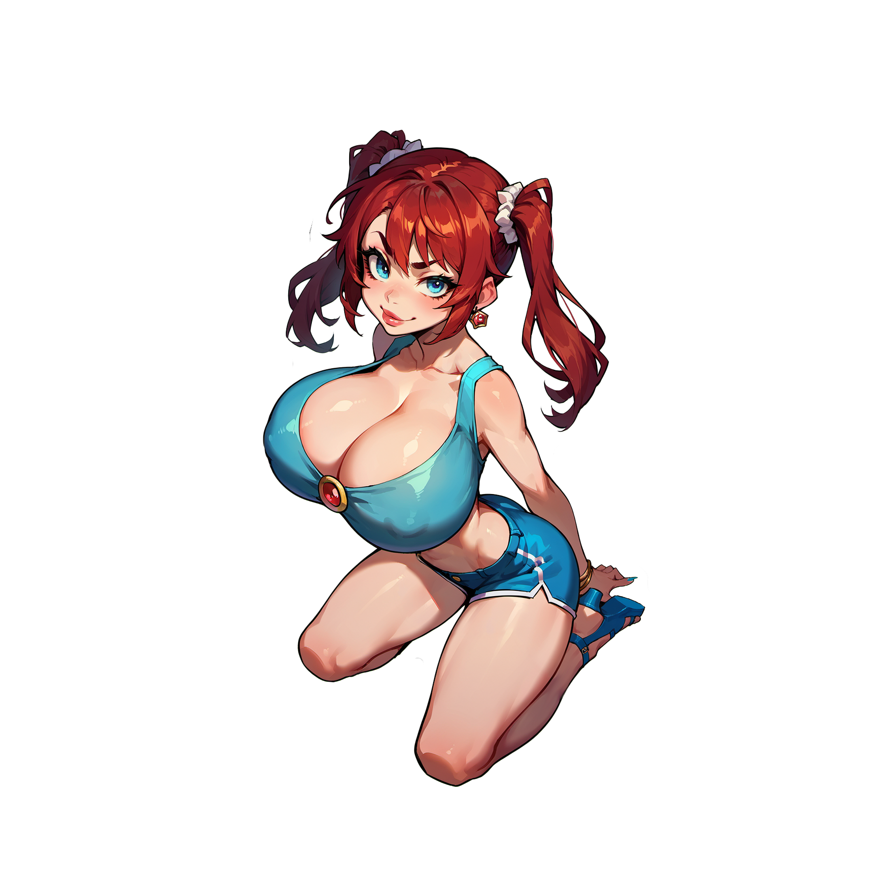 Kneeling Kimi - 2 Versions! Beautiful redheaded woman Kimi smirks up from the floor, wearing a crop top and booty shorts